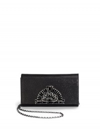 THE LOOKRemovable crossbody chainCompact rectangular shapeIntricate front crystal-accented buckleMagnetic snap flap closureOne inside open pocketInside logo detailTHE MEASUREMENTCrossbody chain, 23 drop6½W X 4½H X 2DTHE MATERIALCrystalsFabricFully linedORIGINMade in Italy