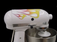 Classic 21 Flame Decal Cover Kit red, orange, and yellow with blue trim, designed to fit all KitchenAid stand mixers, including Artisan, Ultra Power, 4, 5, 6 qt quart mixers, without accessory interference.