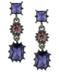 Bold and beautiful. Betsey Johnson's linear earrings are crafted from hematite-tone mixed metal with purple and pink glass crystal gems adding a vibrant touch. Approximate drop: 1-1/3 inches.