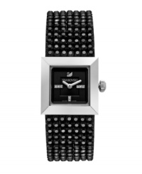 Electrifying elegance. Take drama to a new height with this Elis watch by Swarovski. Jet crystal mesh bracelet and square stainless steel case. Black dial features Swarovski crystal elements set in silver tone markers, logo at twelve o'clock and two hands. Swiss quartz movement. Water resistant to 30 meters. Two-year limited warranty.