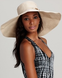 A large ribbon floppy hat with exposed stitching and ribbon tie, a perfect piece for a glamorous girl.