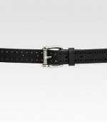 Perforated leather with a square buckle and embossed Gucci logo.Palladium hardwareLeatherAbout 1 wideMade in Italy