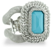 Hinged Mesh Turquoise Colored Stone And Rhinestone 2 1/2 Inch Cuff Statement Bracelet, Fits 7 To 8.5 Inch Wrist