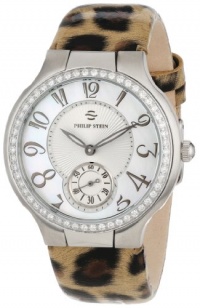 Philip Stein Women's 42D-FMOP-LLBR Round Diamond Mother-Of-Pearl Leopard Print Patent Strap Watch