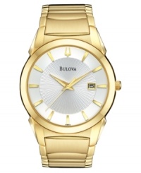 An exquisite watch from Bulova, with refined everyday features in glistening goldtone. Goldtone stainless steel bracelet and round case. Round white dial with logo, date window and stick indices. Quartz movement. Water resistant to 30 meters. Three-year limited warranty.