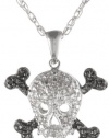 Sterling Silver Black and White Diamond Skull Pendant Necklace