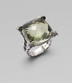 From the Cushion on Point Collection. A split cable band of sterling silver holds a faceted cushion of soft green prasiolite, with shimmering pavé diamonds at the corners. Prasiolite Diamonds, 0.12 tcw Sterling silver About ¾ square Made in USA