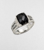 From the Petite Wheaton Collection. A stunning, faceted black onyx stone flanked by brilliant diamonds on a sterling silver, triple-row shank. Black onyx Diamonds, .1 tcwSterling silverImported