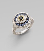 From the Lucky Collection. Black, white and blue sapphires, artfully arranged in an evil eye ring of sterling silver to protect you from whatever might be out there.Black, white and blue sapphires Sterling silver Diameter, about ½ Imported