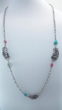 Lucky Brand Jewelry Peacock Feather Turquoise & Silver Necklace Bohemian Tribal Style 26 Long