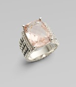 From the Wheaton Collection. A faceted cushion of shimmering morganite, edged by rows of diamonds, in a wide cable band of sterling silver..Morganite Diamonds, 0.16 tcw Sterling silver Diameter, about 16mm Imported