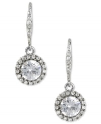 Constant shimmer from Betsey Johnson. These drop earrings feature large faceted crystal accents surrounded by pave crystal accents. Crafted in imitation rhodium tone mixed metal. Approximate drop: 1-1/10 inches.