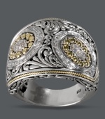 Like an exquisite piece of artwork, Balissima by Effy Collection's ornate style will attract a crowd. Crafted from scrolling sterling silver, ring features round-cut diamonds (1/3 ct. t.w.) and 18k gold accents. Size 7.