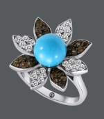 A springtime statement. Carlo Viani's fabulous flower ring highlights a round-cut turquoise center (3-1/3 mm) surrounded by round-cut white sapphire (1/2 ct. t.w.) and smokey quartz (3/8 ct. t.w.) covered petals. Crafted in 14k white gold.