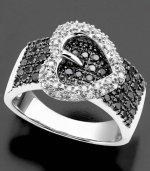 An iconic heart buckle symbolizes love and togetherness. This gorgeous ring features round-cut black diamonds (5/8 ct. t.w.) and white diamonds (1/6 ct. t.w.) set in sterling silver. Size 7.