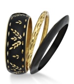 Be bold in black and gold. With diamond-cut designs and black and gold tones, you'll be noticed in Style&co.'s mixed metal three piece bangle set. Approximate diameter: 2-5/8 inches.