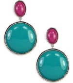 A one-two punch of color. Nine West's colorblock double drop earrings pop with bright turquoise and magenta plastic stones set in silver tone mixed metal. Approximate drop: 1-1/2 inches.