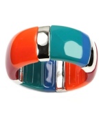 This bold bracelet style will make your look pop! Nine West's chic colorblock bangle features bright red, orange, blue and teal plastic pieces. Set in silver tone mixed metal. Bracelet stretches to fit wrist. Approximate diameter: 2-1/2 inches.