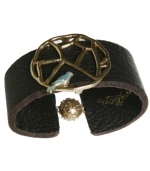 This trend will have you tweeting to all your friends. A combination of dark brown cow leather and an intricate cut-out branch charm with a blue bird accent create Lucky Brand's ultra-chic cuff bracelet. Set in gold tone mixed metal with a trendy ball-shaped clasp. Approximate diameter: 2-1/2 inches.