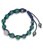 Spiritual-inspired bracelets are all the rage this season! Snap up this hot style from Ali Khan featuring semi-precious green agate beads and pave glass fireballs on a trendy navy cord. Bracelet adjusts to fit the wrist. Approximate diameter: 2 inches. Approximate length: 12-1/4 inches.