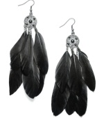 Jet black and dramatic. Ali Khan's silver-plated mixed metal earrings feature jet black feathers with glass stone detail. Approximate drop: 4-1/4 inches.