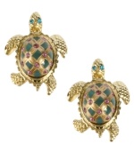 Slow and steady wins the race. Move at your own pace with these darling turtle studs by Betsey Johnson. Earrings boast a green-colored shell with pink-colored crystal accents and blue crystal eyes. Crafted in antique gold tone mixed metal. Approximate drop: 3/4 inch.