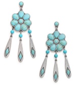 Drops of Americana. These gorgeous drop earrings from Lauren by Ralph Lauren boasts reconstituted turquoise beads with three linear drops. Set in antiqued silver tone mixed metal. Approximate drop: 2-1/2 inches. Approximate diameter: 1 inch.