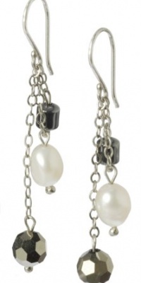 Hematite Cylinders with White Freshwater Cultured Pearl and Glass Beads Multi-Drop Earrings