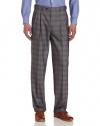 Louis Raphael Men's Modern Plaid Pleated Dress Pant with Hidden Extension, Light Gray, 42x30