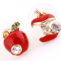 DaisyJewel Asymmetrical Once Upon a Time Snow White & the Evil Queen Red Poison Apple Stud Earrings with Gold Trim and Sparkly Green & White Diamond Like Crystal Elements - Skin-Safe & For Pierced Ears - Top Seller Mega Clearance Sale