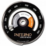 Inferno Stove Top Meter (3-30) thermometer calibrated to measure temperatures on stove top. Rich black porcelain enamel. Stylish new design featuring gray, white, and orange recommended burn-temperature zones. Helps you conserve wood and avoid excess creo