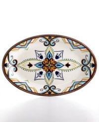 Streaked with Caribbean blue, grass green and rich terra cotta hues, the Amalfi platter offers a quick escape to the shores of South America. From Vida by Eva Mendes dinnerware, the dishes have a beaded edge in dark espresso that puts the rustic finishing touches on the hand-painted serveware.