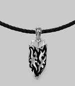 A thoroughly modern shield design crafted in fine sterling silver on an adjustable leather cord. From the Men's Dayak Collection Sterling silver Adjustable leather cord: 18-20 long ¾W X 2¼L Lobster clasp Imported 