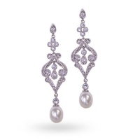 Bling Jewelry Silver CZ Pave Freshwater Pearl Bridal Chandelier Earrings