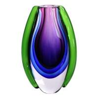 Hand Blown Purple, Blue, & Green Sommerso Oval Art Glass Vase 10 tall