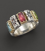 From the Clio collection, a silver and gold ring with baguette-shaped multi-colored stones. Designed by Konstantino.