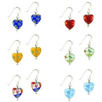 Sterling Silver Multi Color Millefiori Murano Glass Heart Dangle Earrings Set