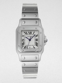 From the Santos de Cartier Collection. A modern rendition of one of the first ever wrist watches, this stainless steel timepiece is highly functional with an elegant and casual look. Quartz movementWater resistant to 3 ATMRectangular stainless steel case, 41.3mm (1.6) X 31.6mm (1.2)Screw accented bezelSilver grained dialRoman numeral hour markersDate display at 6 o'clockSecond hand Stainless steel link braceletMade in Switzerland 