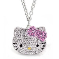 Hello Kitty Silver Plated Crystal Pendant Necklace with Pink Bow