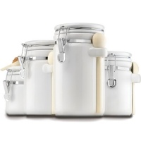 Anchor Home Collection 4-Piece Ceramic Canister Set with Clamp Top Lid and a Wood Spoon, White