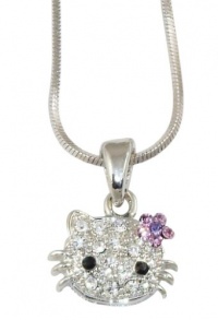 Small Adorable 1/2 Crystal Hello Kitty Pendant and Necklace - Light Purple Flower Bow - Silver Plated