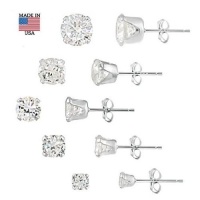 Sterling Silver CZ Stud Earrings, Set of 5, 3mm-7mm, 6ct