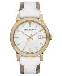 Wrapped in smooth, rich leather, this timepiece from Burberry features their iconic check pattern in golden hues and crisp whites.