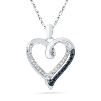 Sterling Silver Black and White Round Diamond Heart Pendant (1/10 Cttw)