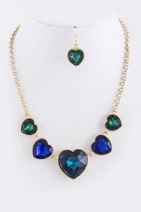 Fashion Jewelry - FACETED HEART JEWEL NECKLACE SET - By Fashion Destination | Free Shipping (Blue/Green)