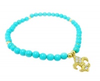 Fleur De Lis Charm Bracelet 14K Gold Vermeil with Genuine Turquoise Round Beads Women's Fashion Chic Jewelry