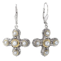 925 Silver, Freshwater Pearl Cross Earrings with 18k Gold Accents