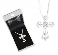 Byzantine Silver Crystal Cross Pendant With Austrian Crystals and Necklace