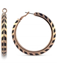 Print's charming. A black chevron pattern adorns these hoop earrings from Vince Camuto. The pair is crafted from rose gold-tone mixed metal and features a click-top closure. Approximate drop: 1-1/2 inches.