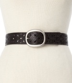 A little whimsical and a little Western. Floral perforations lend charm to this leather belt by Fossil.